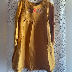 ART CLASS Linen Cotton 5T Girls' Mustard Embroidered Long-Sleeve Dress
